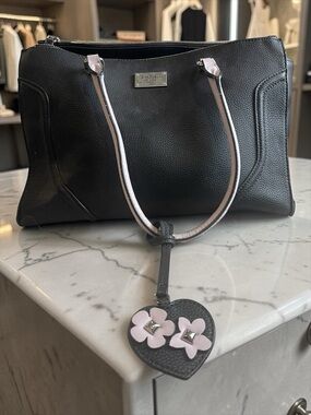 Guess Black Pebbled Leather Shoulder Bag with Pink Flower Heart Charm